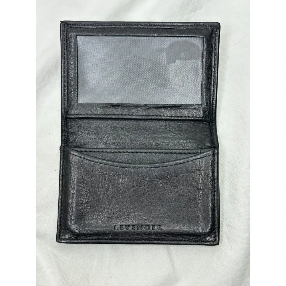 Levenger black leather credit card ikm logo embossed Small wallet